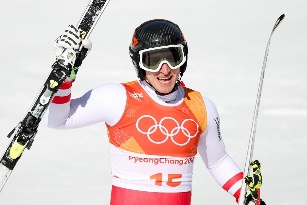 PYEONGCHANG,SOUTH KOREA,15.FEB.18 - OLYMPICS, ALPINE SKIING - Olympic Winter Games PyeongChang 2018, Super G, men. Image shows the rejoicing of Matthias Mayer (AUT). Photo: GEPA pictures/ Matic Klansek