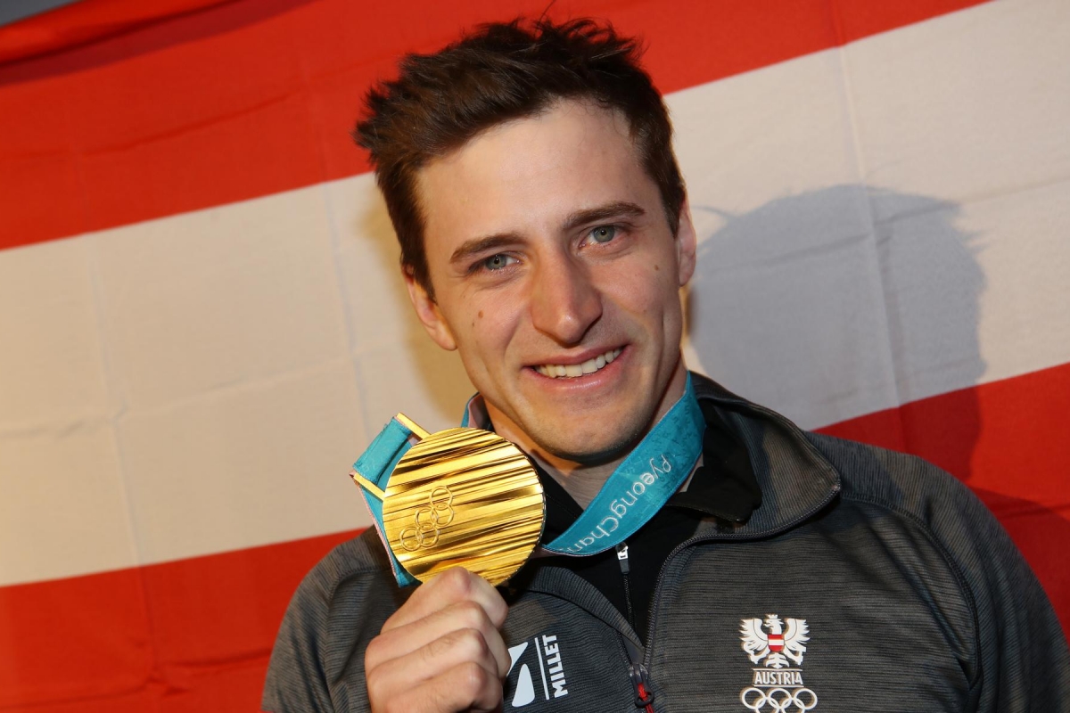 PYEONGCHANG,SOUTH KOREA,16.FEB.18 - OLYMPICS - Olympic Winter Games PyeongChang 2018, Austria House, medal party. Image shows Matthias Mayer (AUT). Keywords: medal. Photo: GEPA pictures/ Andreas Pranter